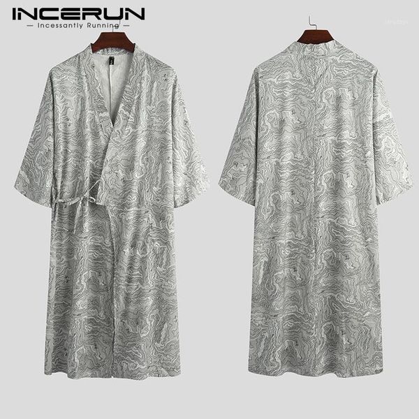 

men's sleepwear men casual kimono nightclothes vintage printed robes half sleeve v neck lace up nightgowns man loose homewear bathrobes, Black;brown