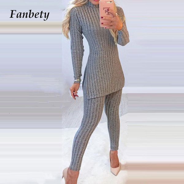 

new women turtleneck rib knitted two piece set lady slim split pullover and ny suits 2021 spring long sleeve sets td6v, Gray