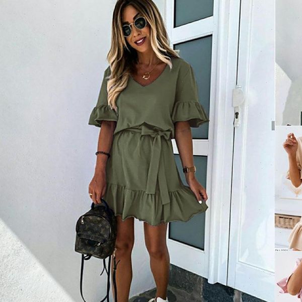 

summer 2021 explosion models solid color ruffled short sleeve hem pleated dress women drop shipping good quality, Black;gray