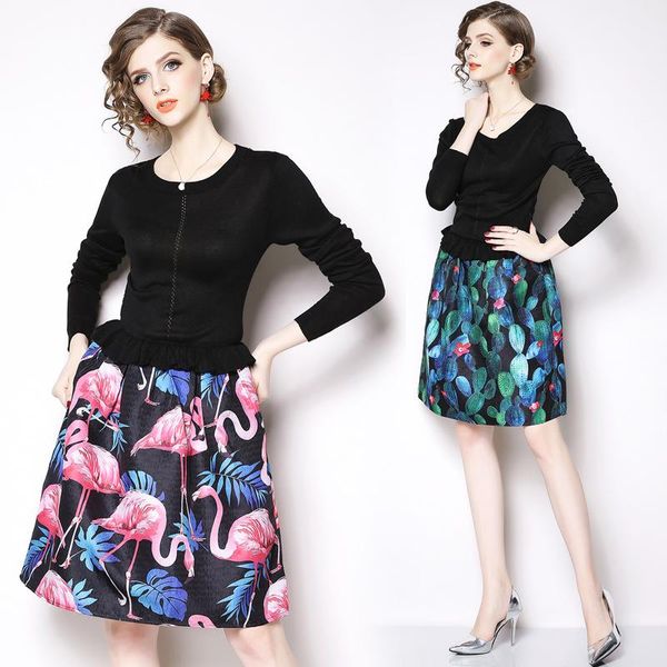 

casual dresses european station fashion knitted splice printed, Black;gray