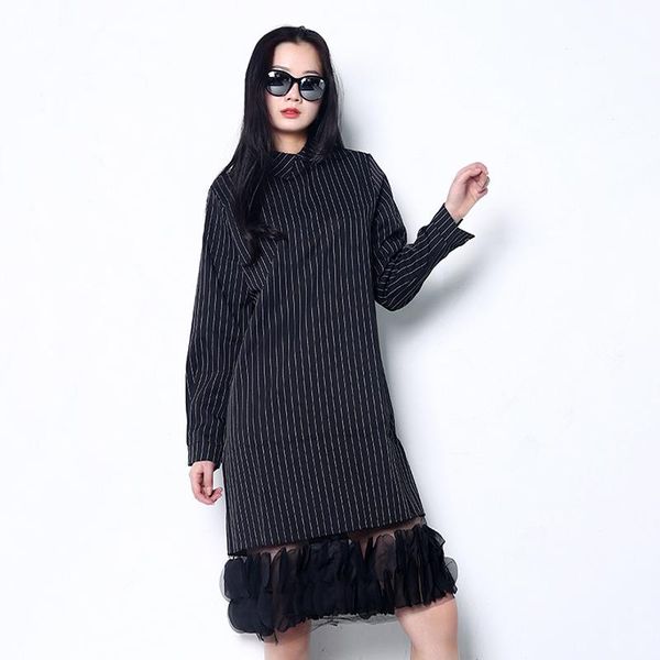 

fashion tide fashion women mesh splice joint dress pullover striped spring autumn female loose knee-length clothes 5l1151, Black;gray