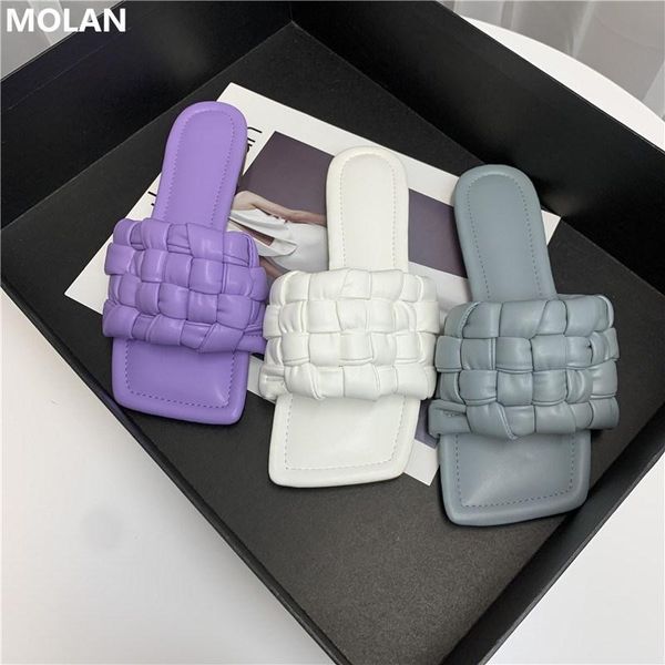 

slippers molan brand designer 2021 fashion size 35-40 square toe weave leather flat socofy slip on loafers mules flip flops, Black