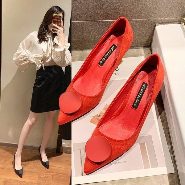

dress shoes red wedding woman pumps 2021 fashion solid flock black high heels women pointed toe round buckle ladies