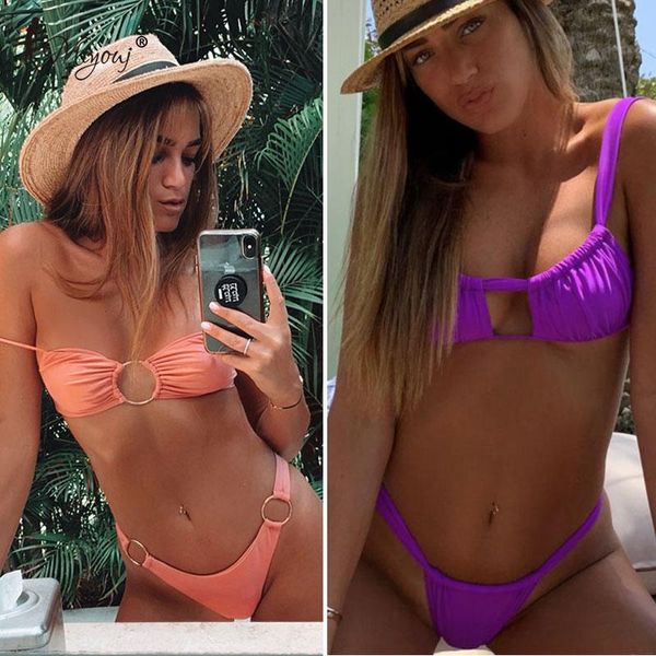 

miyouj solid bikini 2021 rings wholes swimwear women bathing suits green pink swimsuit ladies beach tunic bikini set
