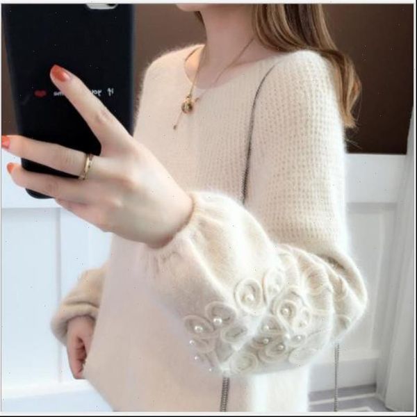 

new arrival 2021 women sweater pullovers autumn winter knitted jumper pearls lady soft warm pull femme women clothes h272, White;black