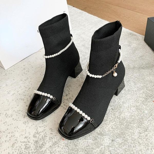 

boots women's sock 2021 winter women designer string bead stretch ankle weave ladies fashion sweet thick heel pumps, Black