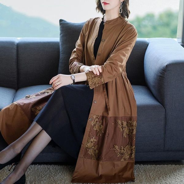 

women's trench coats spring fall casual loose lace patchwork 3/4 sleeve coat for women , female woman flower high waisted pleated 4xl, Tan;black