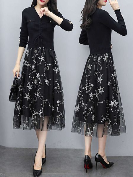 

knitted stitching women's new korean long sleeve mid length dress in autumn 2021, Black;gray