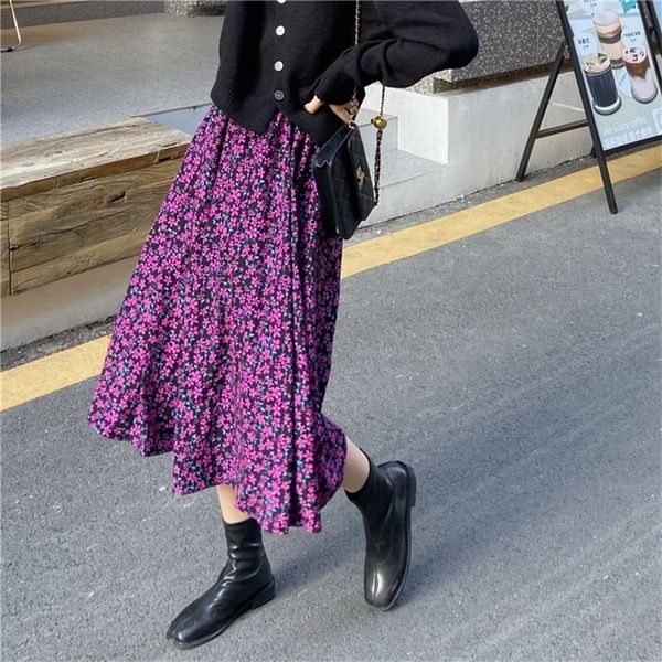 

spring vintage floral print ruffle pleated long skirts women korean skirt streetwear drawstring elastic waist midi skirt 210310, Black