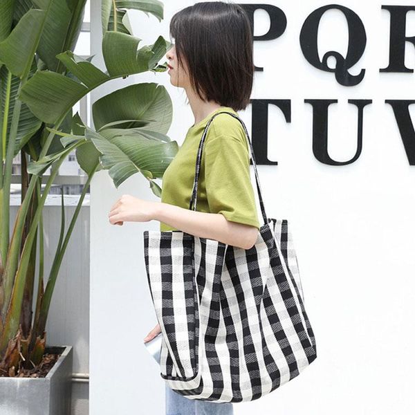 

evening bags korean women plaid canvas shoulder bag cotton cloth eco environmental shopping girl simple literary checked handbag tote