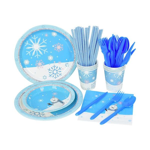 Stoviglie usa e getta Fiocco di neve Pupazzo di neve Stoviglie blu Piatto di carta Tovagliolo Tovagliolo Festa di compleanno per bambini Forniture per baby shower Decorazioni natalizie