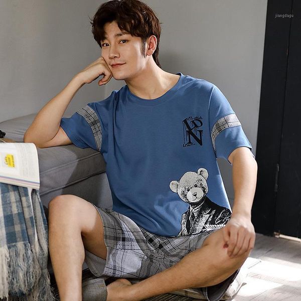 

men's pajamas summer cotton short sleeves thin teenagers plus size home clothes students suits sleepwear, Black;brown