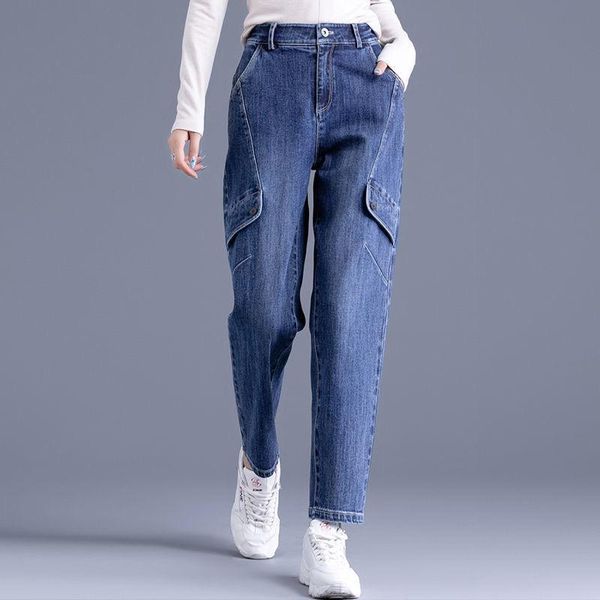 

harem jeans women's casual plus size 34 loose straight denim pants vintage high waist streetwear female spring old dad trousers, Blue