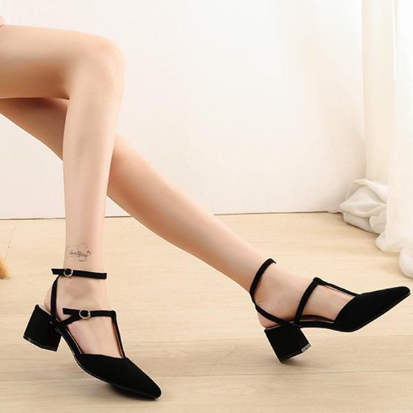 

sandals 2021 fashion woman pointed toe thick suede single shoes t-shaped upper buckle shallow mouth female, Black
