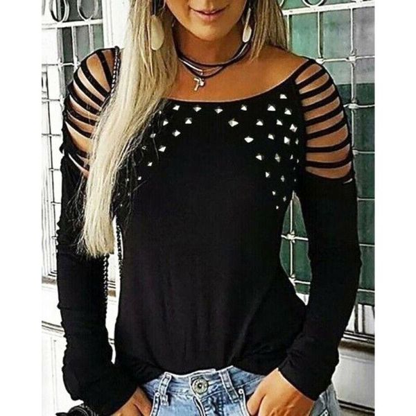 

women's t-shirt women hollow out studded long sleeve casual plus size, White