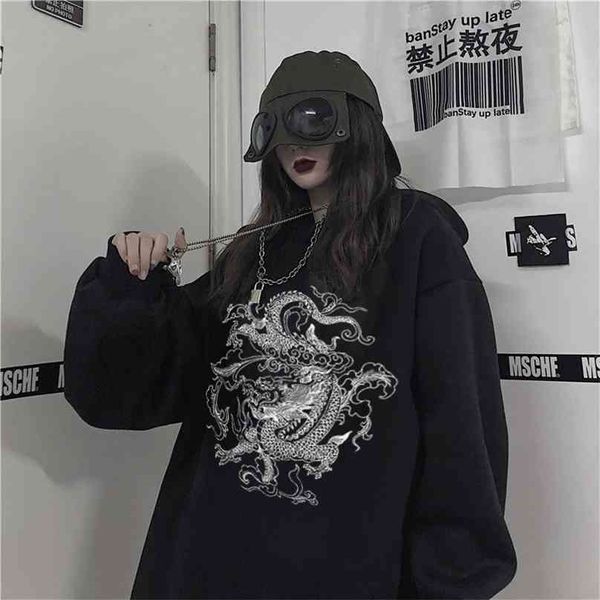 Dragão Imprimir Estilo Chinês Harajuku Retro Swag Hoodie Top Oversized Streetwear Unisex Kpop Y2K Casual Hoodies Casal roupas 210803