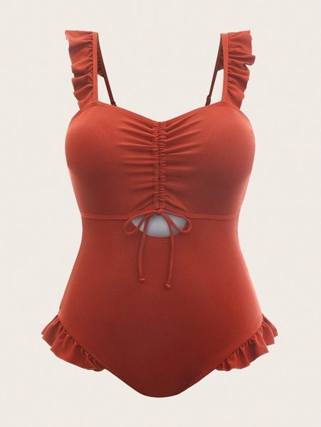 

plus rib ruffle trim one piece swimsuit l4xy#, Black