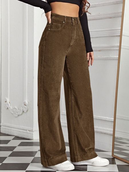 

high waist slant pocket cord pants 17zr#, Black;white