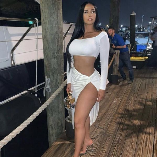 

casual dresses zhymihret 2021 spring long sleeve crop two piece set dress women side ruched high split party night vestidos, Black;gray
