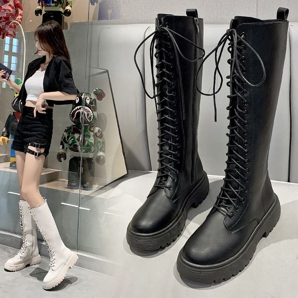 

long women's 2021 thin knee ls knight autumn and winter lace up high side zipper martin boots, Black