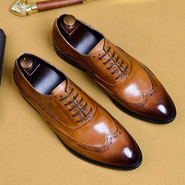 

oxford brogue shoes men pointed toe genuine leather hand polished wedding business formal elegant lace up dress shoes men a43, Black