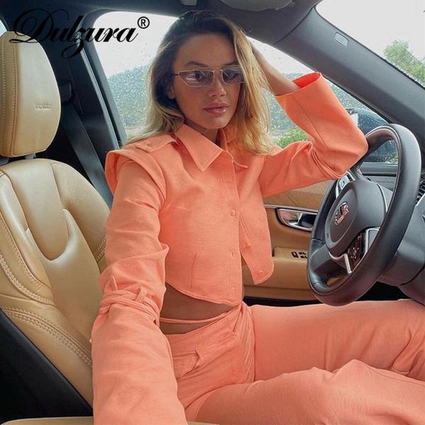 

women's two piece pants dulzura 2021 autumn winter women solid lace up blouse set long sleeve crop shirt wide leg matching outfit stree, White