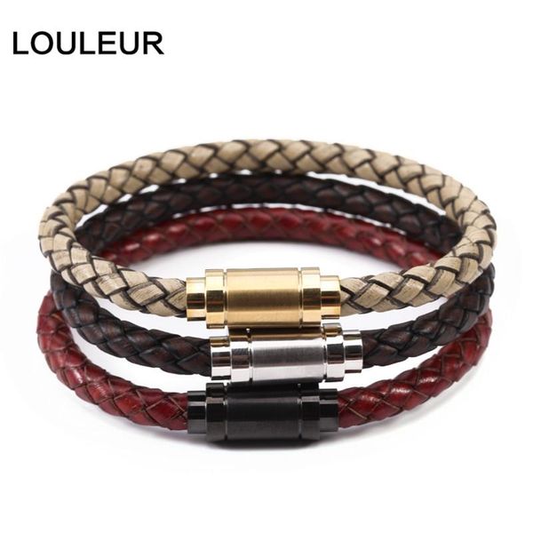 Bangle Louleur 2021black genuíno trançou pulseira de couro homens mulheres de aço inoxidável fecho magnético macho pulseiras pulseiras punk jóias