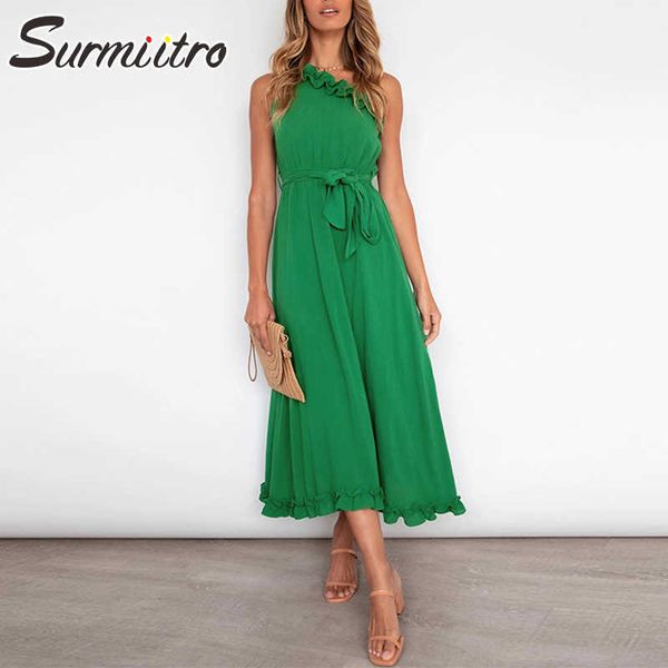 

surmiitro diagonal collar long dress summer women fashion one shoulder ruffles tunic party midi sundress female 210712, Black;gray
