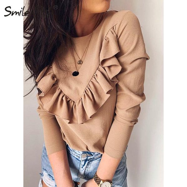 

long sleeve elegant women blouses 2021 lady office work ruffles o-neck khaki shirts white black autumn winter blusas gv948
