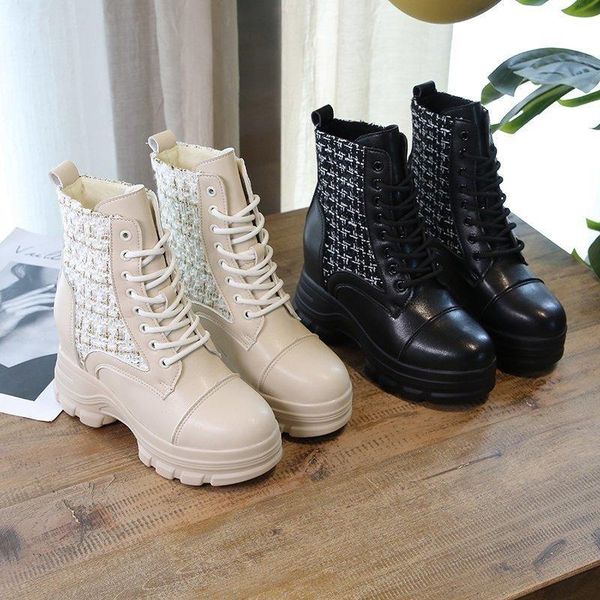 

boots one yona 2021 winter tide all-match women platform round toe high heels cross-tied lace-up short, Black