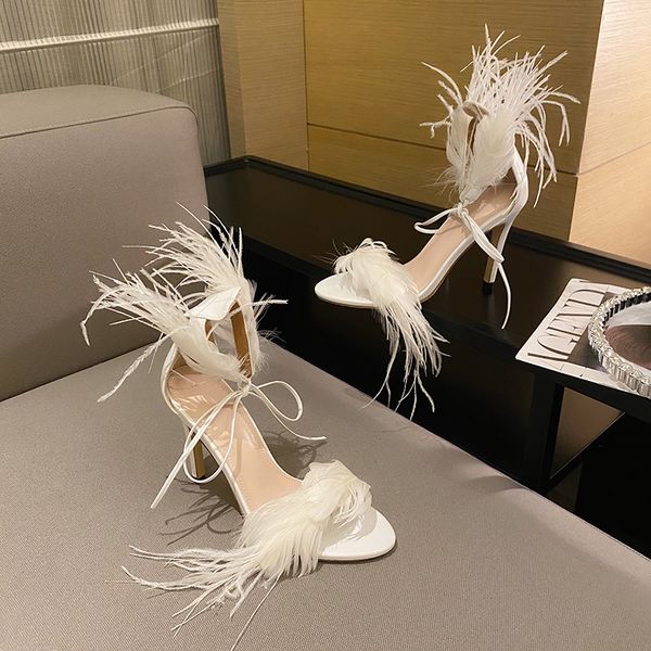 

2021 new white black feather for women thin high heels lace up dance shoes ladies sandals party pumps size 35-42 xy05 fdnt