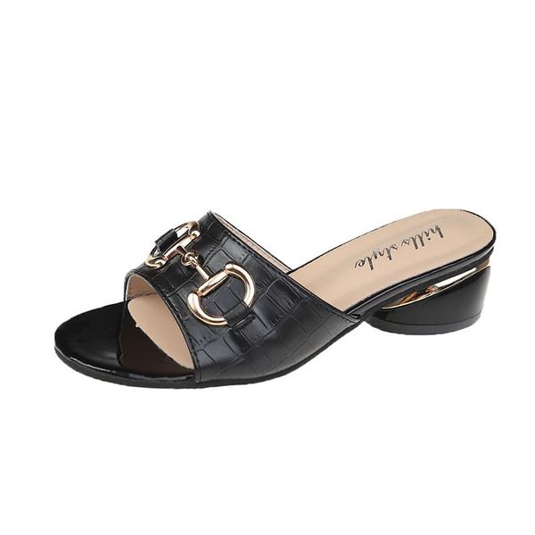 

slippers fashion women's pure color simple vamp buckle design trend belt with elegant and versatile outdoor, Black