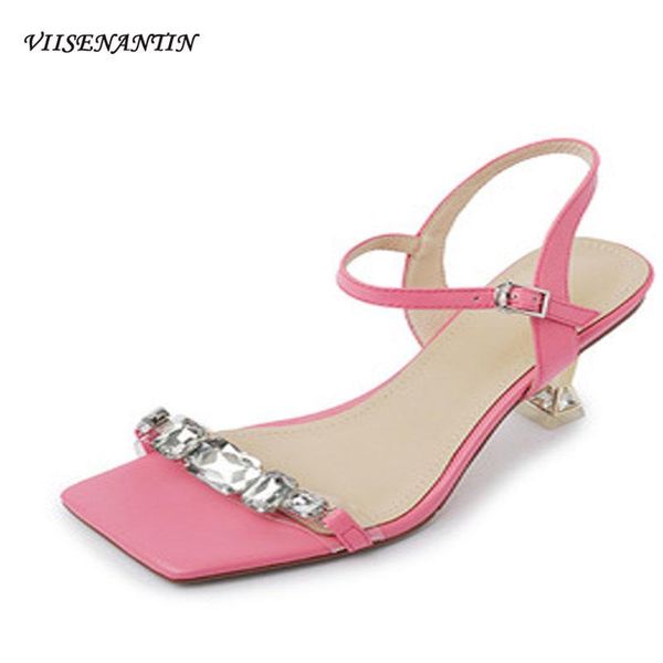 

sandals rose red leather buckle transparent rhinestone women's fashion all-match square toe stiletto open yellow high heels, Black