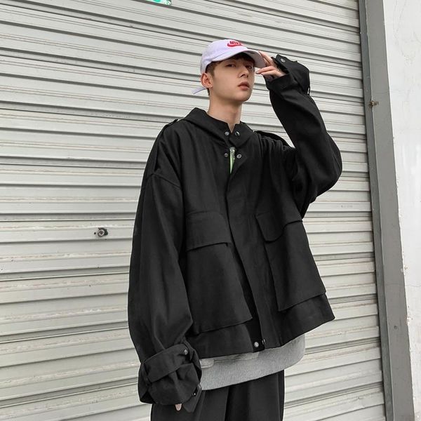 

men's jackets 2021 spring and autumn japanese retro loose port wind big pocket solid color casual wild denim jacket black / khaki m-2xl, Black;brown