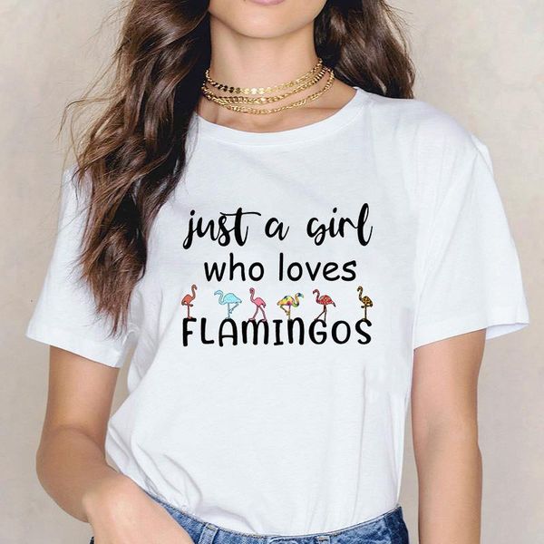 

just a girl who loves flamingos yorkshires poodles peckers sloths animal print funny tshirt women graphic t shirts cute t-shirts, White