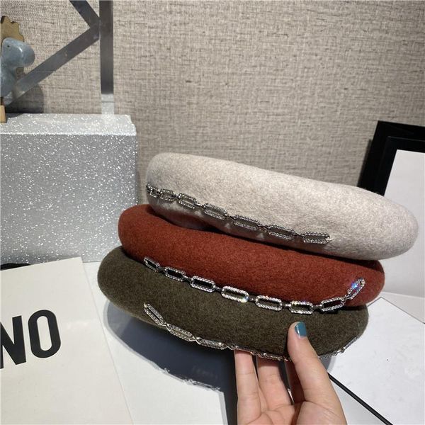 

beanies 202109-shi autumn winter wool warm rhinestone chain lady beret hat women leisure painter