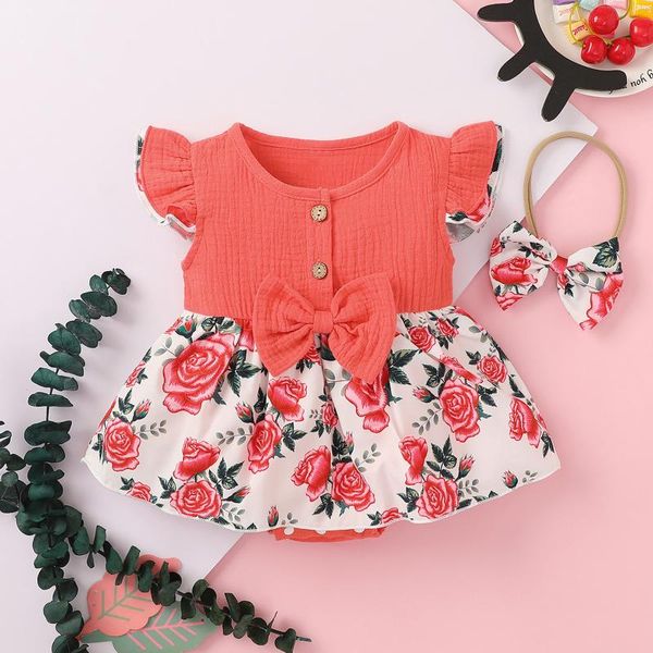 

rompers born infant baby girls dress bodysuit 0-24 months summer cotton linen bow ruffle sleeve floral girl clothes, Blue