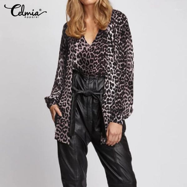 

women's blouses & shirts celmia fashion 2021 autumn long sleeve leopard print bow tie neck elegant casual ladies loose party blusas1, White