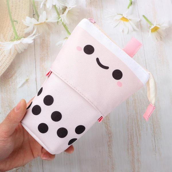 

pencil bags portable milk tea pen bag canvas student kawaii case large capacity zipper storage box