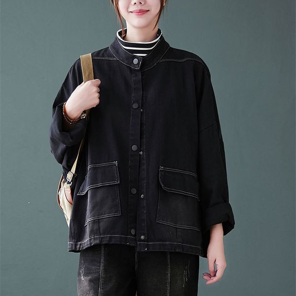 

women's jackets autumn korea fashion women loose casual black short coat single breasted big pocket denim plus size s31 j6c8, Black;brown