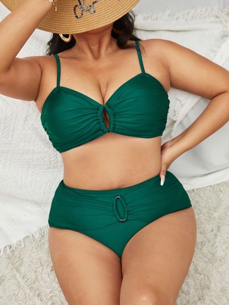 

plus plain ring linked bikini swimsuit f0u4#, Black