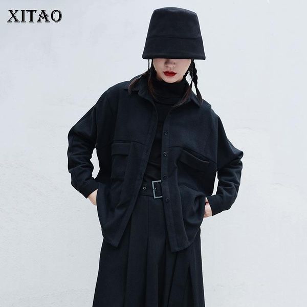 

xitao new trendy shirt simplicity solid color splicing pocket spring and autumn fashion loose turn down collar all-match wld6019, White