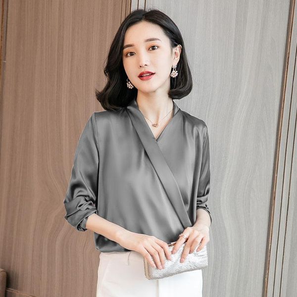 

women's blouses & shirts 2021 spring fashion female casual elegant solid chiffon blouse women silk satin office lady career blusa pullo, White