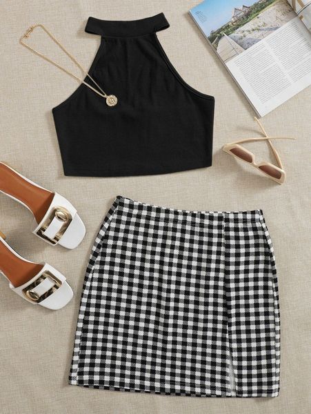 

crop halter & gingham skirt set l3fd#, White