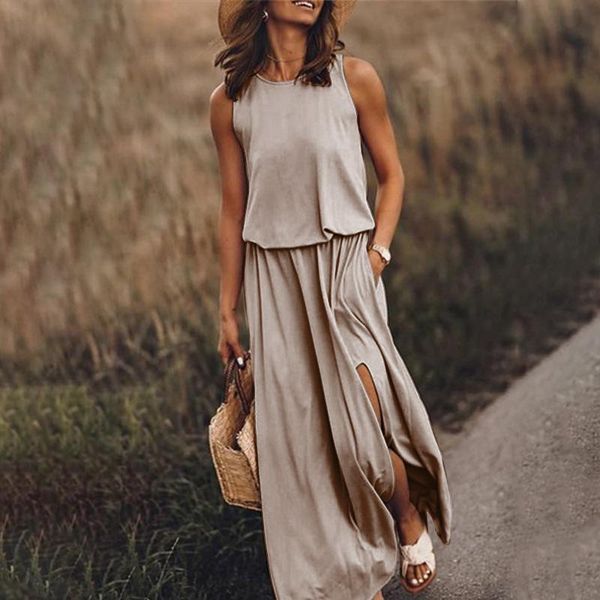 

casual dresses women's oversized sleeveless o neck dress summer split chic long women 2021 elegant fashion solid lady clothes, Black;gray