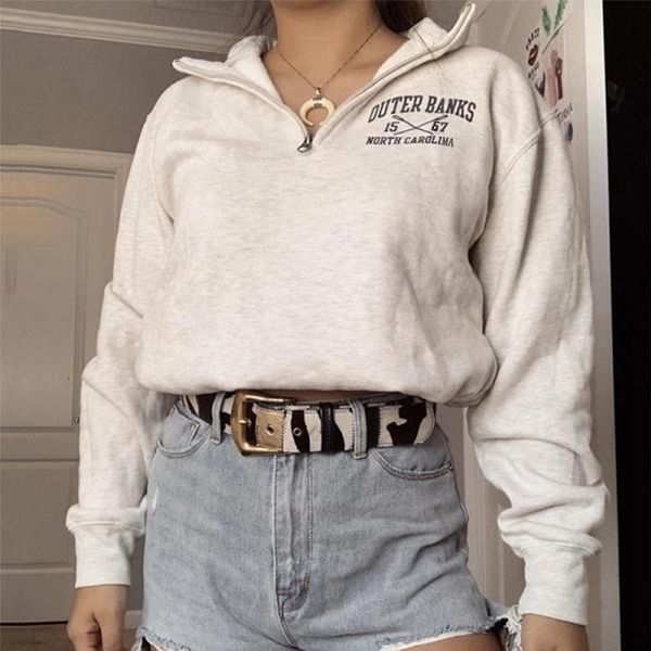 

2021 vintage thick gray zipper letter printing sweatshirt women new winter warm long sleeve oversized pullovers plus size british 9bmd, Black