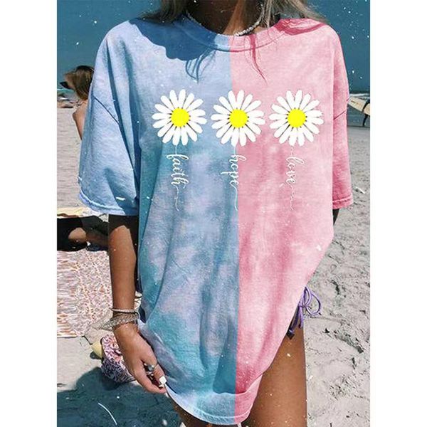 

women's t-shirt 2021 summer oversized t-shirts flower color printed short tees korean brand fashion cotton t shirt tie dye o-neck loose, White
