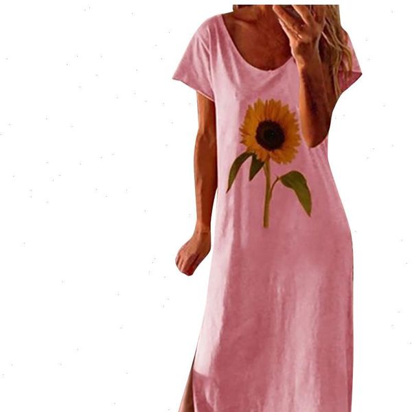 

plus size casual dress fashion women loose sunflower print short sleeves 2021 new shirts dress club vintage ladies leisure 25, Black;gray