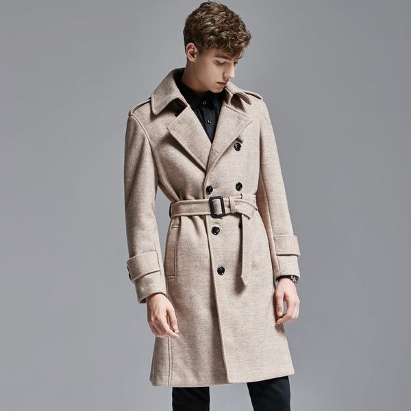 

minglu herringbone wool men trench luxury double breasted long mens jackets and coats plus size 6xl fashion slim fit male coats, Black