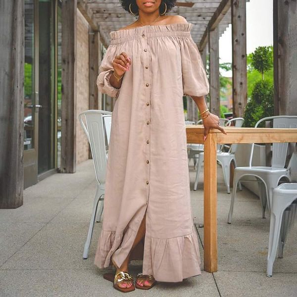 

casual dresses women maxi dress 2021 vonda spring summer solid color off shoulder robes ruffled hem vestidos oversize sundress, Black;gray